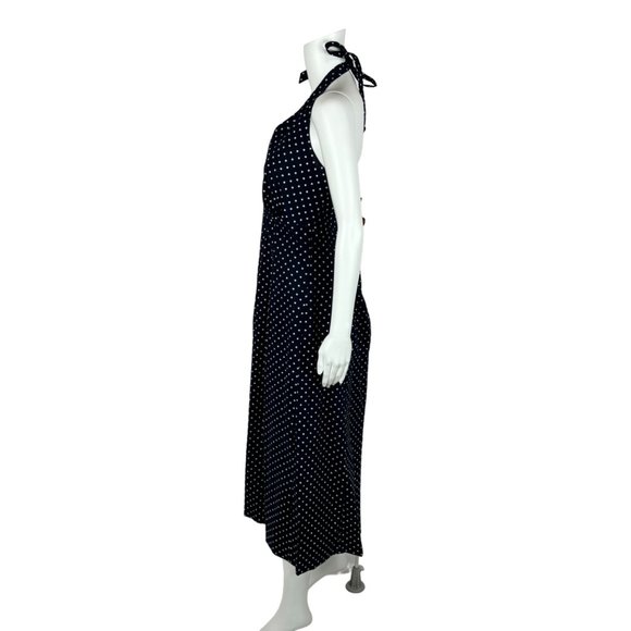 Lands End Polka Dot Dress Women's 14 Navy Blue Halter V-Neck Midi Sundress - Picture 7 of 9